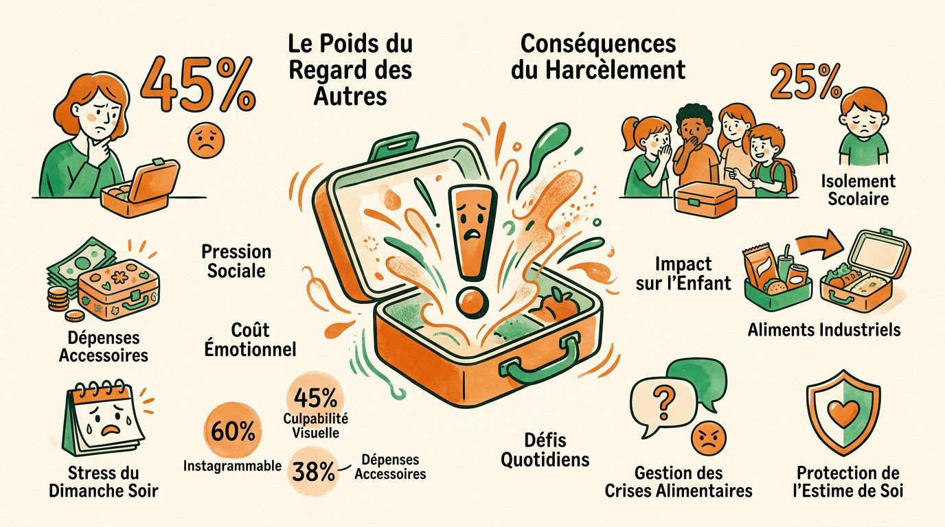 Parent stressé préparant une boîte à lunch esthétique pour son enfant