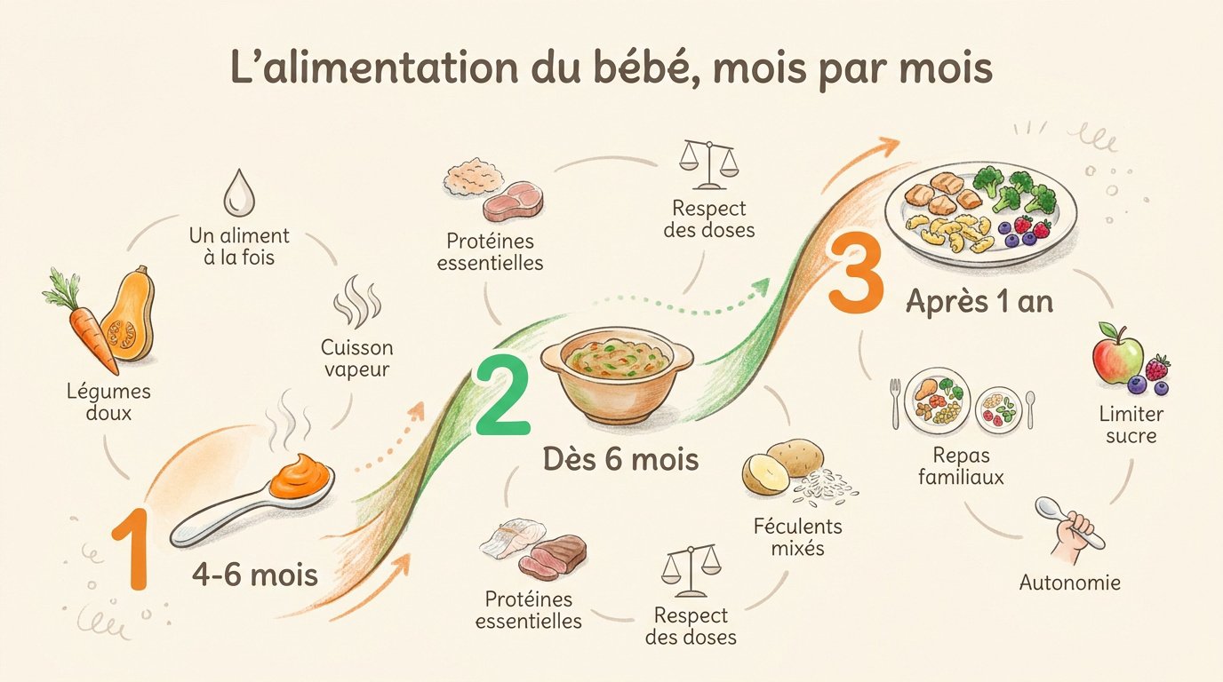 Calendrier visuel de la diversification alimentaire du bébé mois par mois