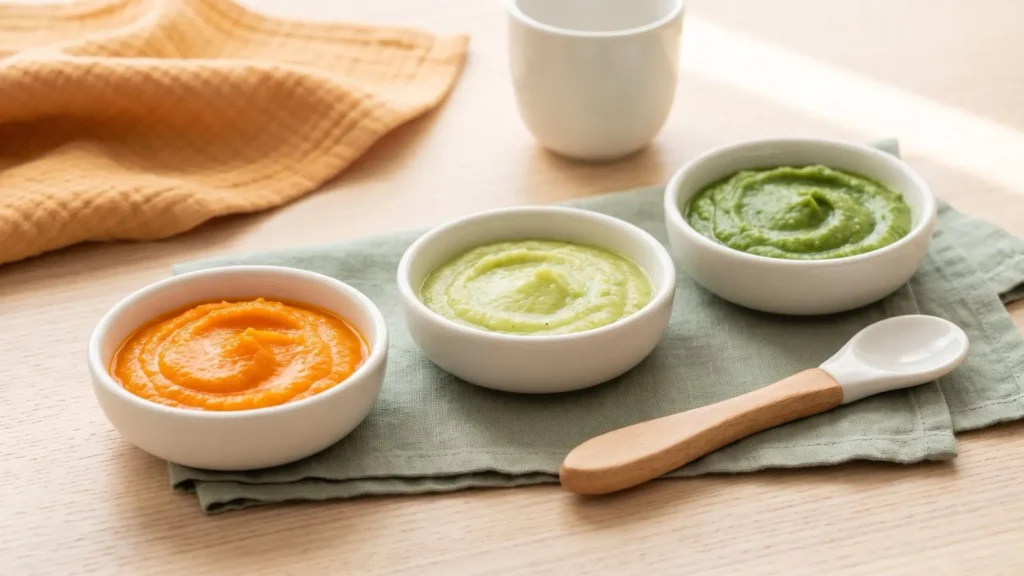 Trois petits bols de premières purées : carotte, courgette et haricot vert
