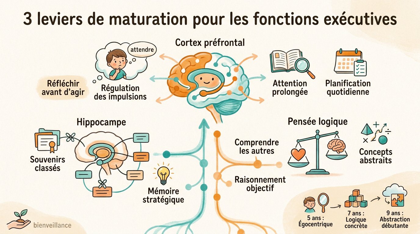 Schéma illustrant le développement du cortex préfrontal et de l'hippocampe chez l'enfant de 5 à 8 ans