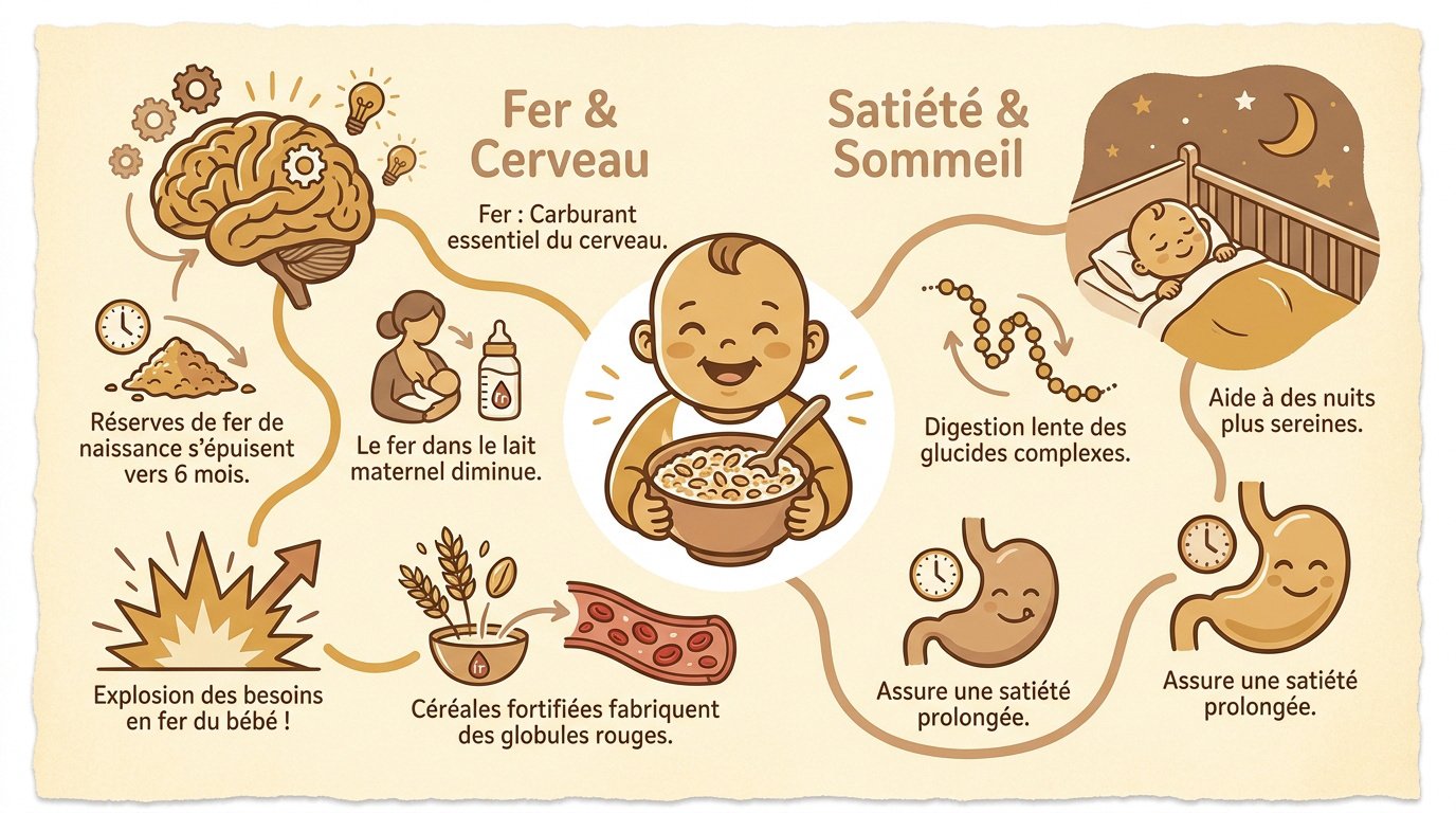 les bienfaits des cereales pour bebe fer satiete sommeil Bébé consommant des céréales enrichies en fer
