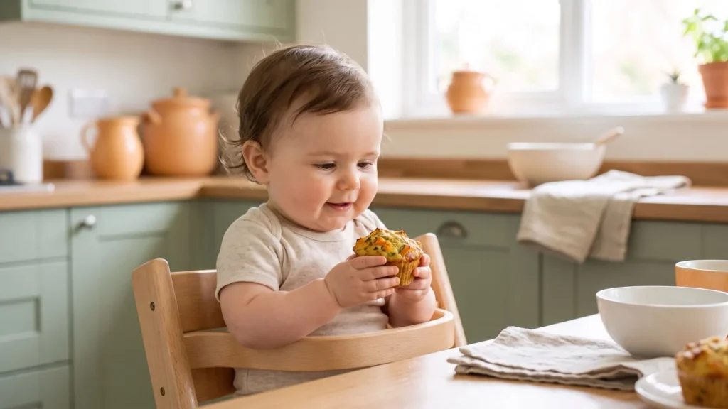 Bébé tient à deux mains un petit muffin salé aux légumes