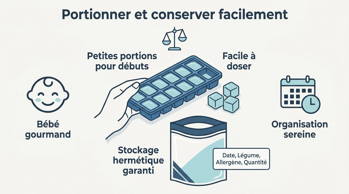 Portionnement de purée pour bébé dans des bacs à glaçons et sacs de congélation