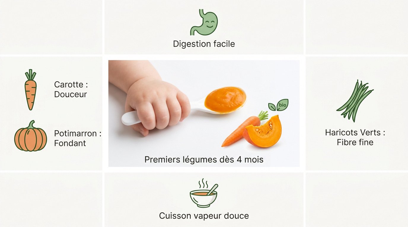 Sélection de légumes doux pour bébé : carotte, potimarron et haricots verts