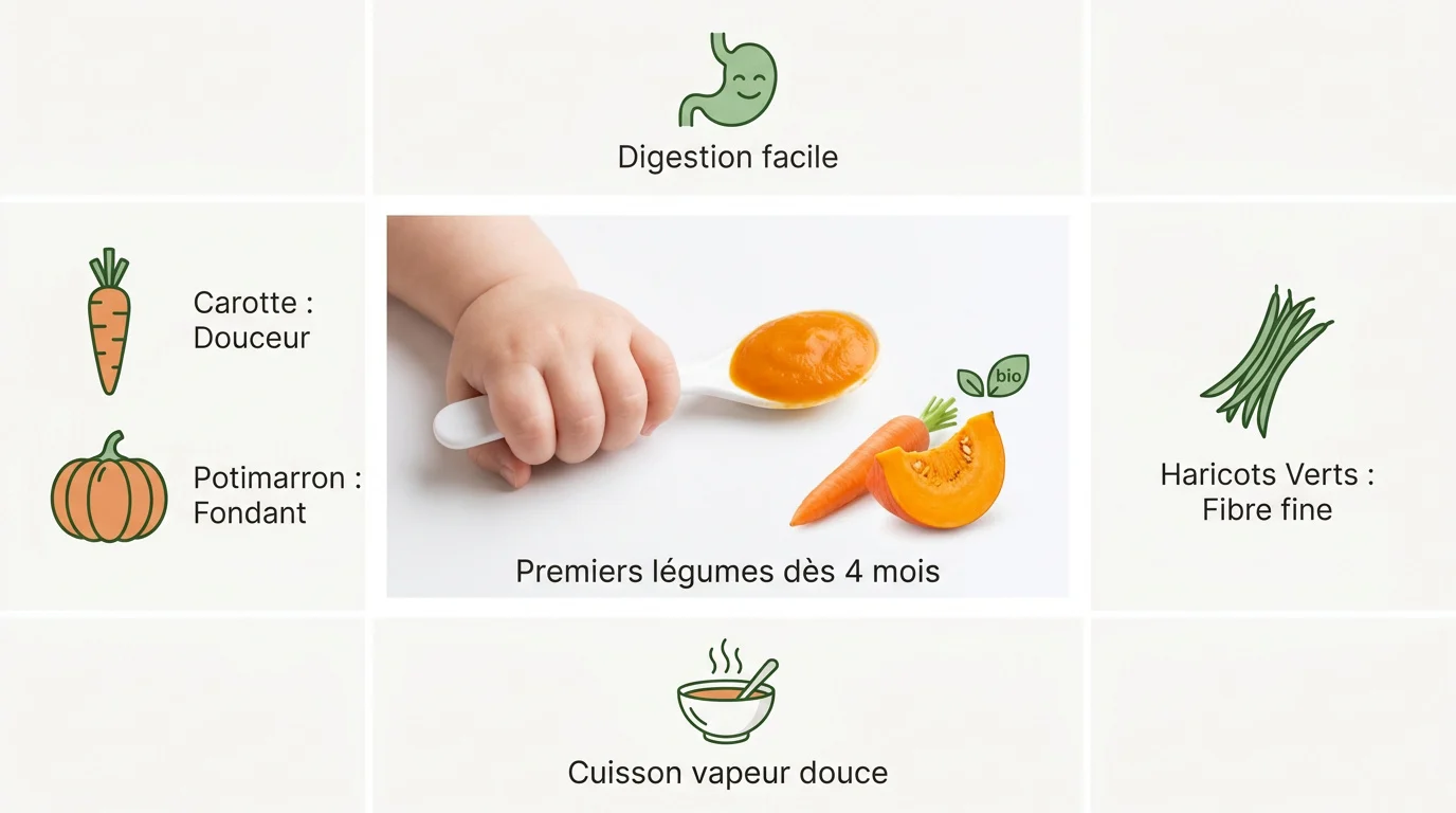 Sélection de légumes doux pour bébé : carotte, potimarron et haricots verts