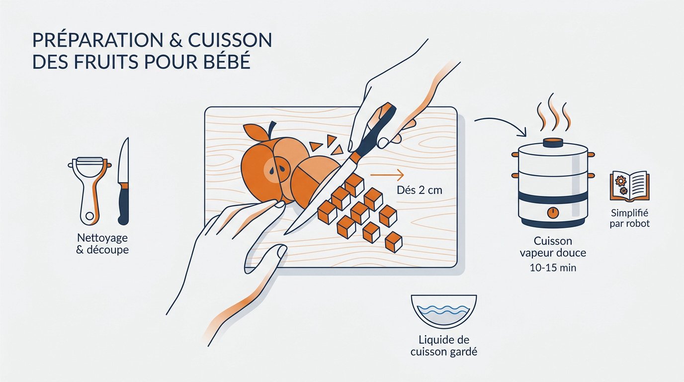 Préparation et découpe de pommes et poires pour la compote de bébé