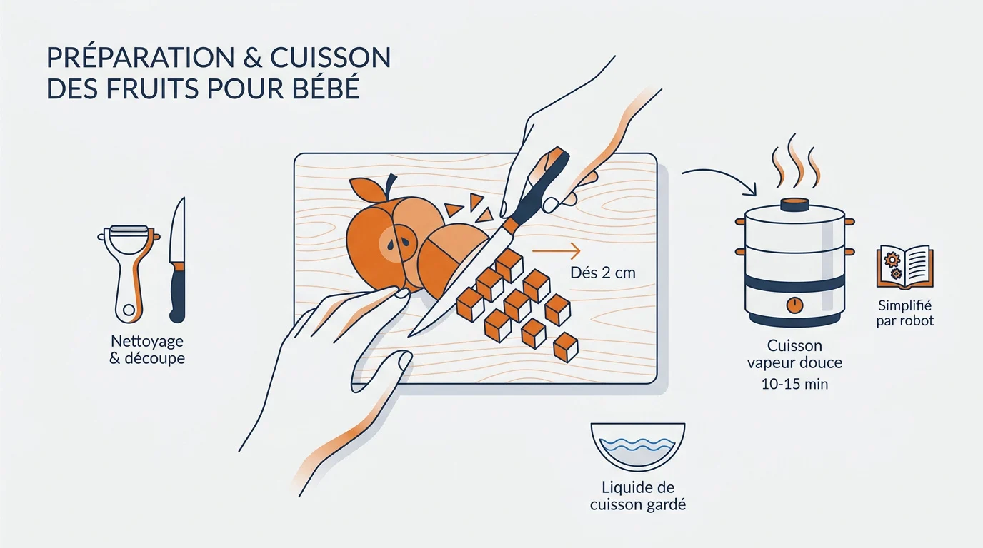 Préparation et découpe de pommes et poires pour la compote de bébé