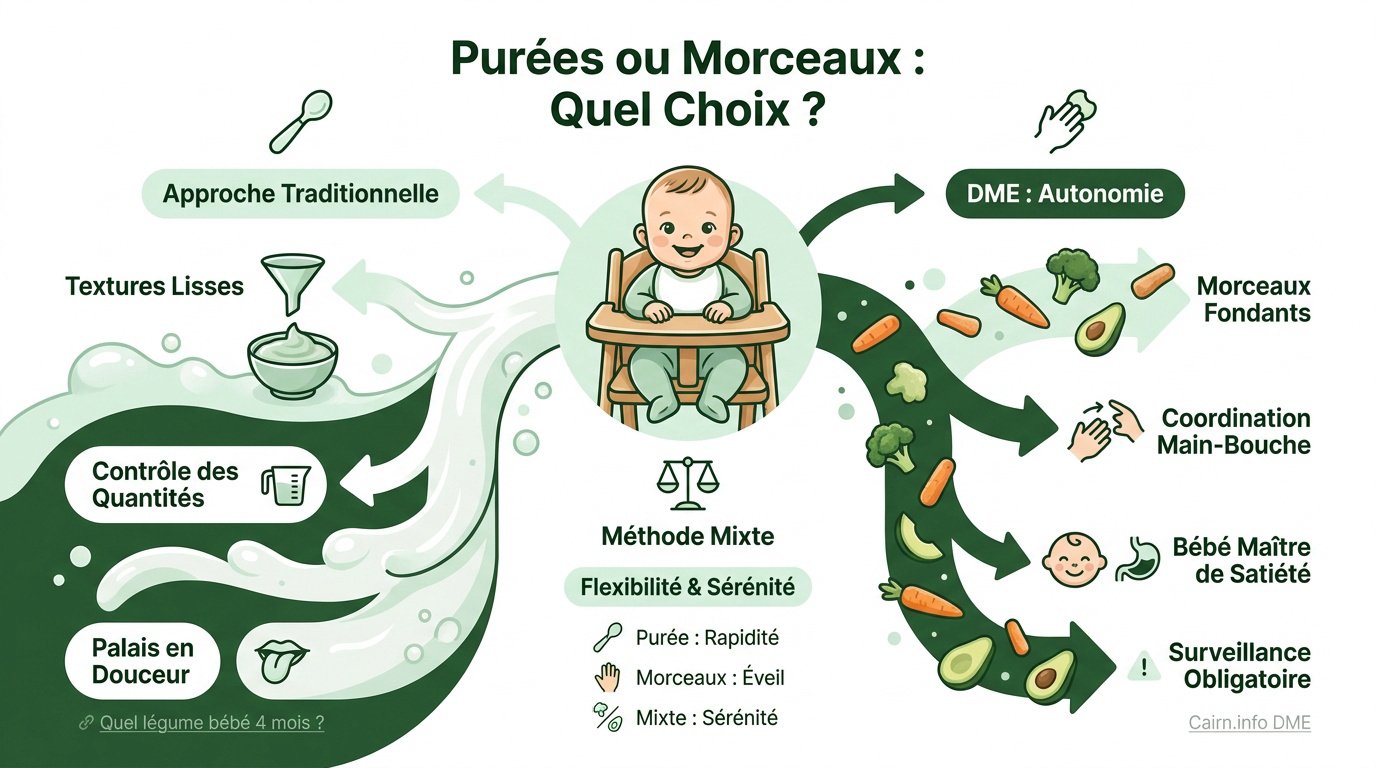 Bébé découvrant des morceaux de légumes fondants et des purées colorées