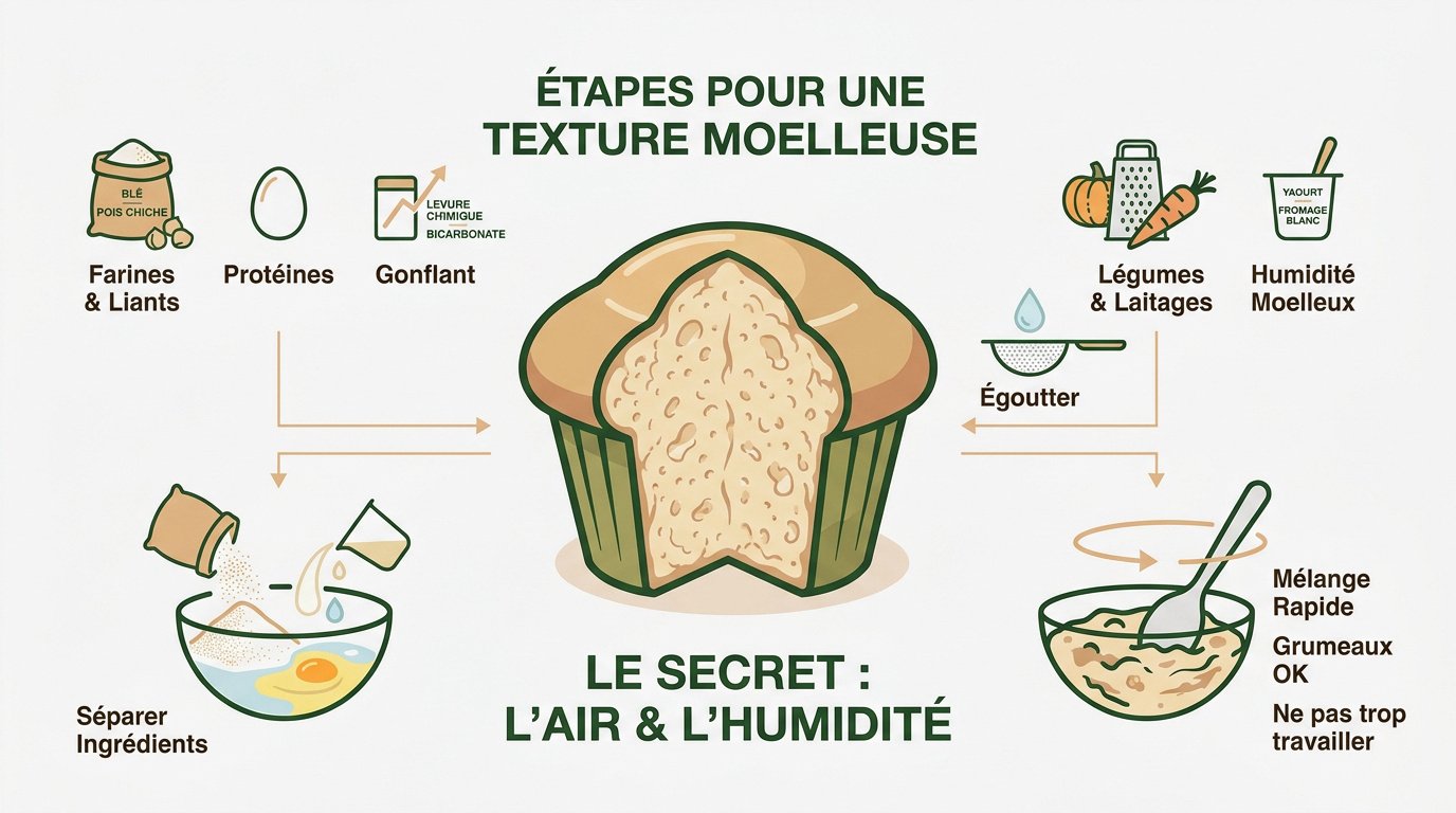 Muffins salés dorés et moelleux sortant du four avec une texture aérée
