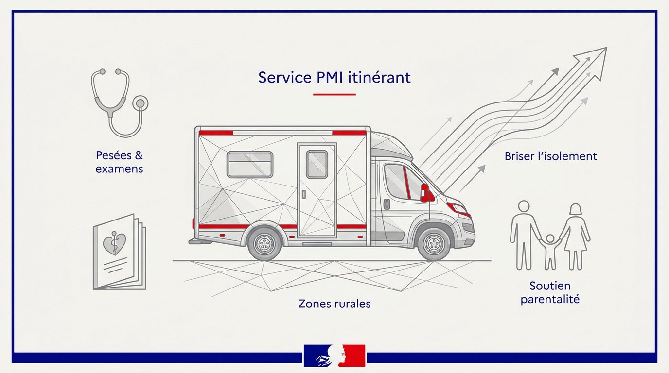 Camion itinérant de la PMI Les Petits pas proposant des consultations pédiatriques en Essonne