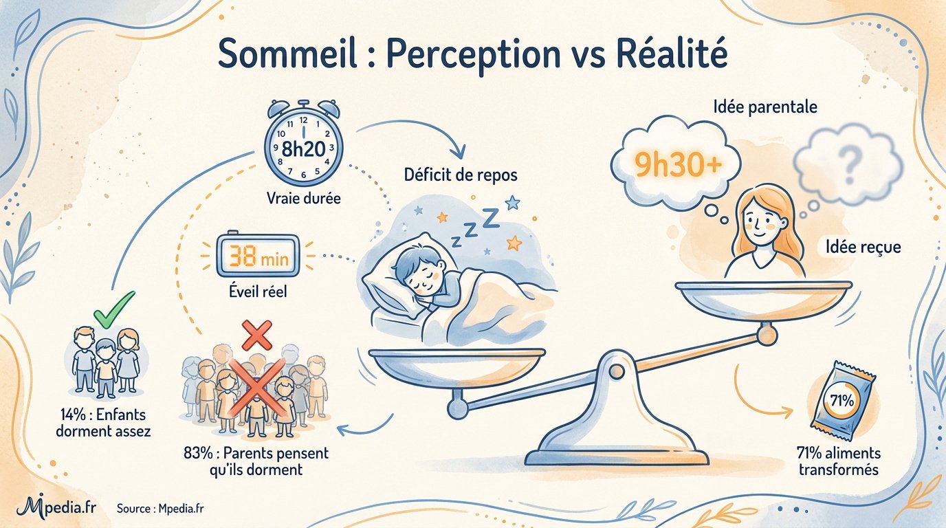 Graphique montrant l'écart entre la durée de sommeil estimée par les parents et la durée réelle mesurée chez l'enfant