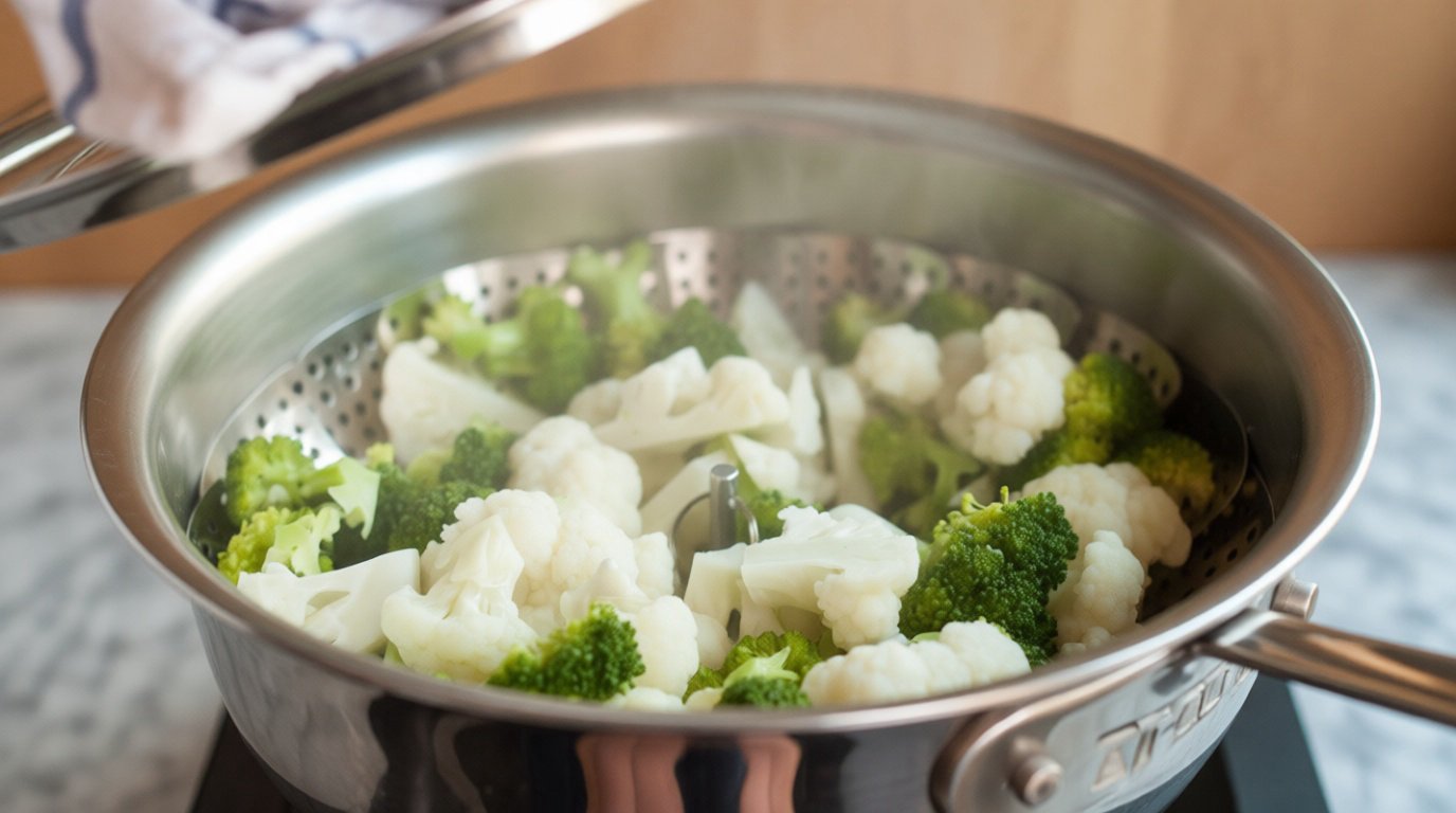 steaming broccoli and cauliflower Préparation et refroidissement de la purée avant congélation