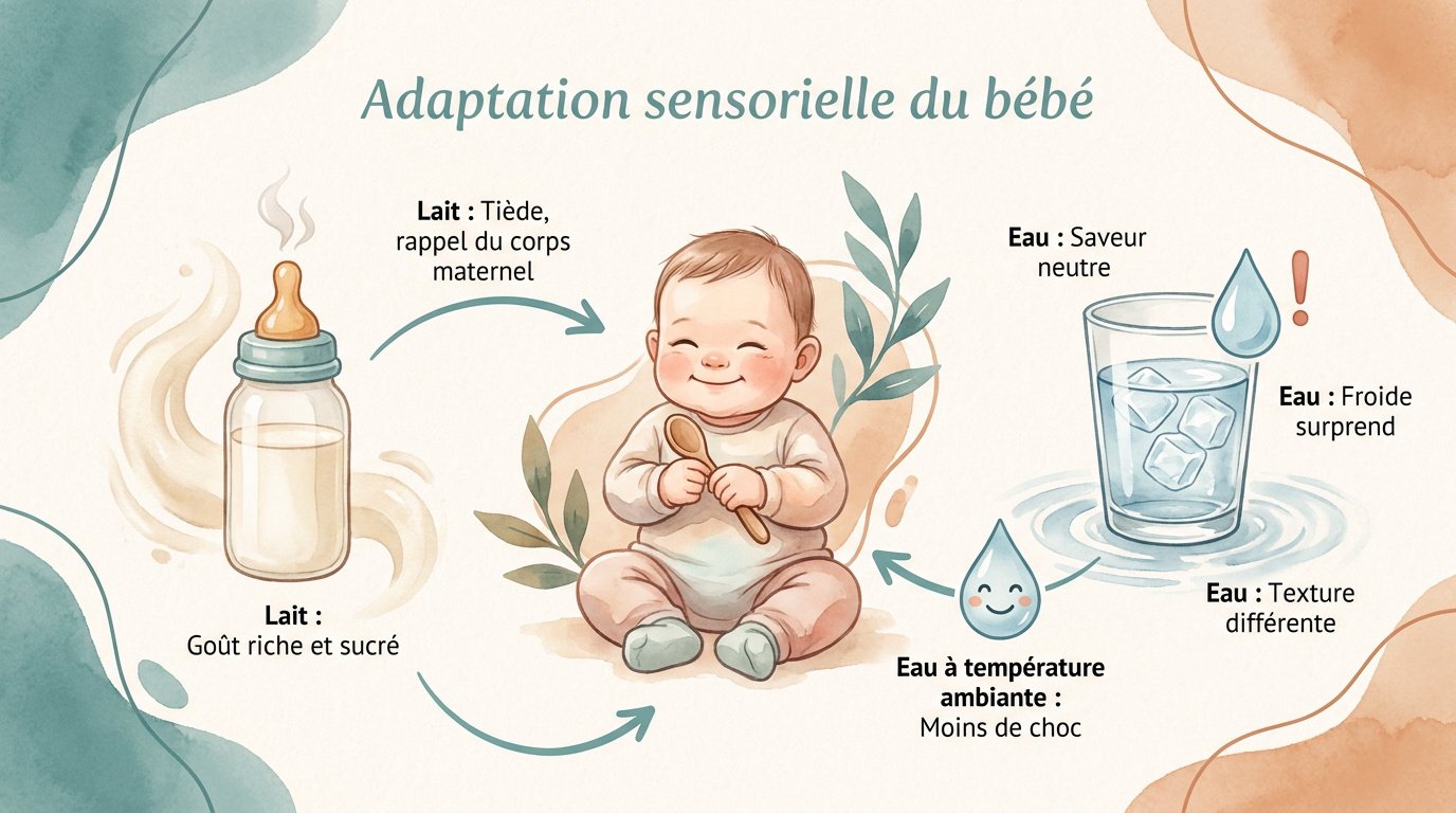 Comparaison visuelle entre la texture du lait et de l'eau pour l'hydratation de bébé