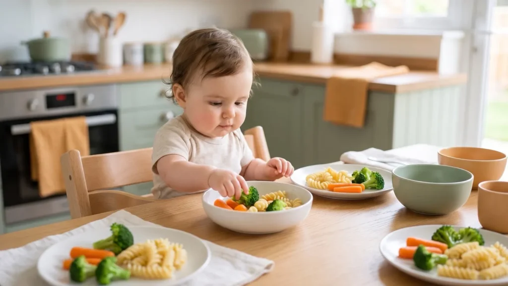 Bébé à la table familiale mange les mêmes légumes et pâtes que les grands