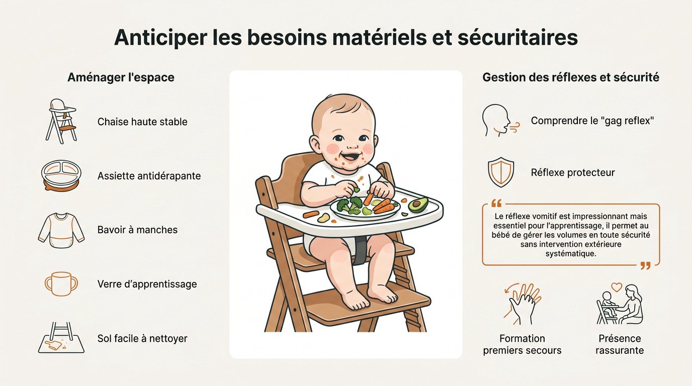 Bébé assis dans une chaise haute stable pratiquant la diversification alimentaire en sécurité