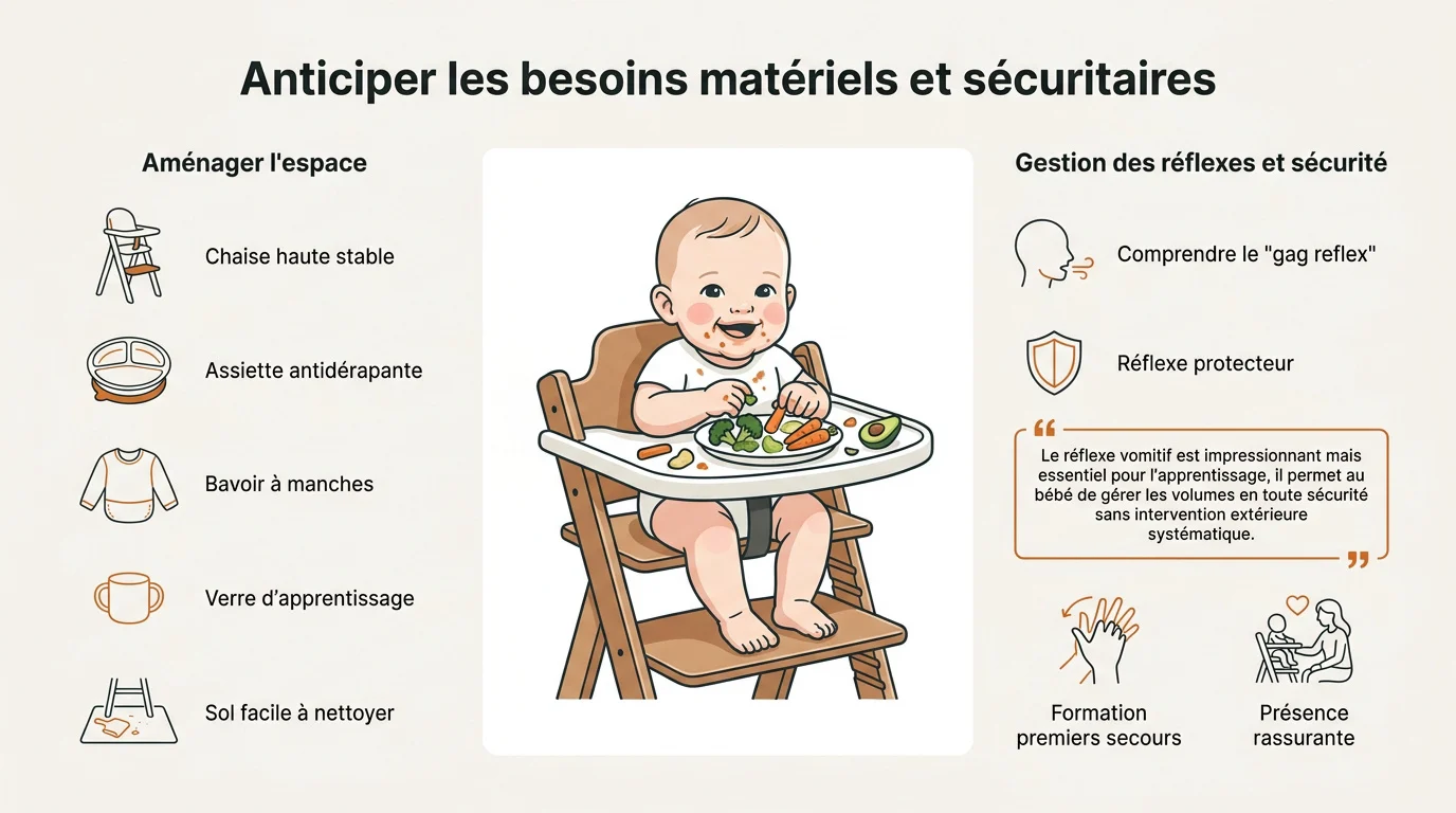 Bébé assis dans une chaise haute stable pratiquant la diversification alimentaire en sécurité