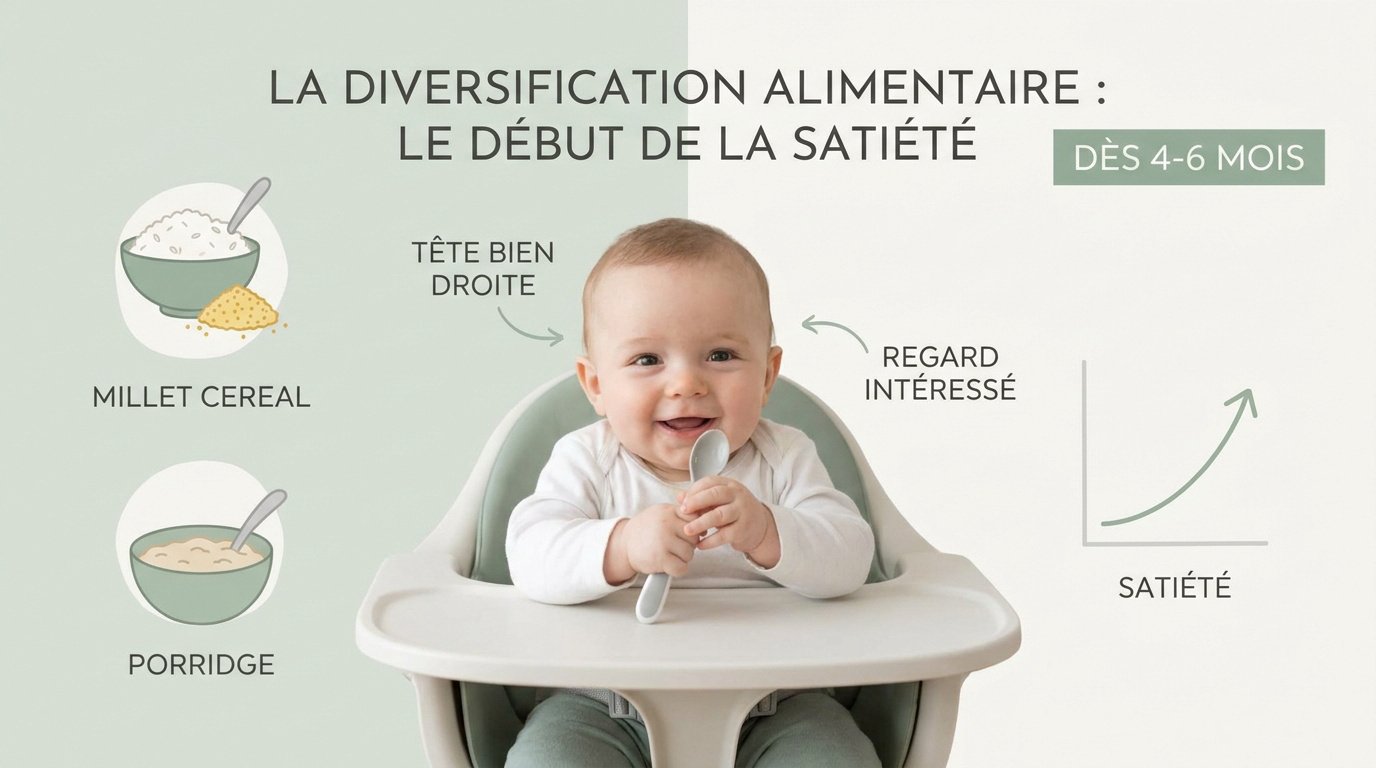 Bébé mangeant ses premières céréales à la cuillère pour favoriser la satiété