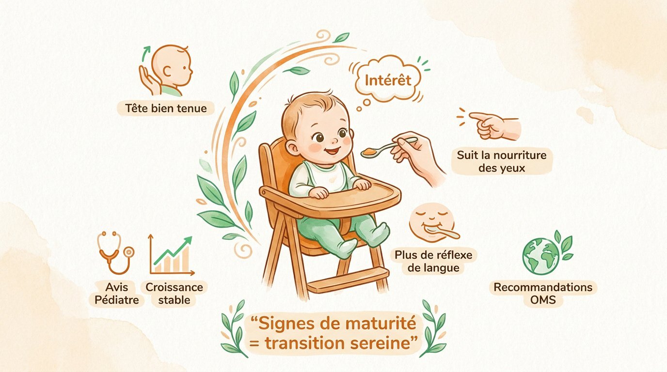 Bébé assis prêt pour ses premières purées montrant des signes de maturité