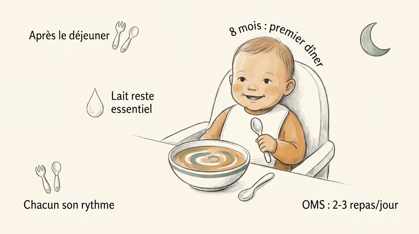 bebe souriant savoure son premier diner Bébé souriant lors de son premier repas du soir