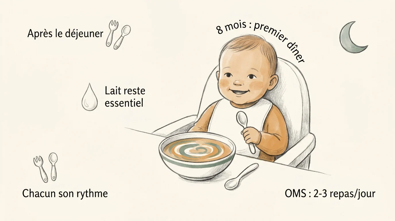 Bébé souriant lors de son premier repas du soir
