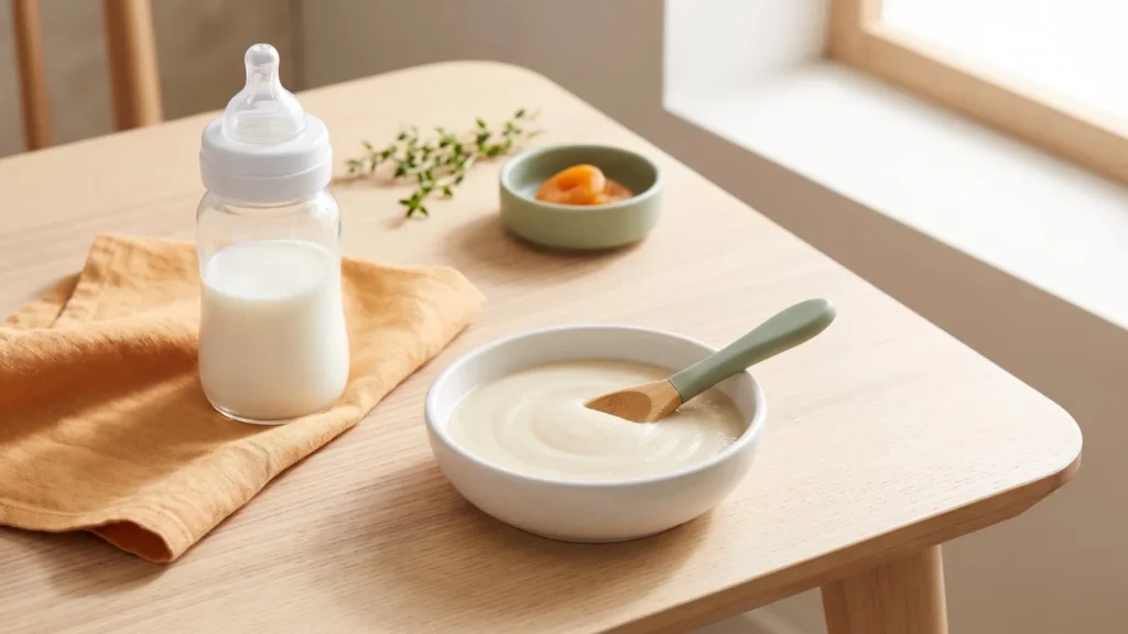 Bol de bouillie de céréales très lisse pour bébé de 4 mois et biberon de lait