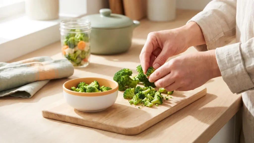 Mains qui détaillent des fleurettes de brocoli cuites à la vapeur