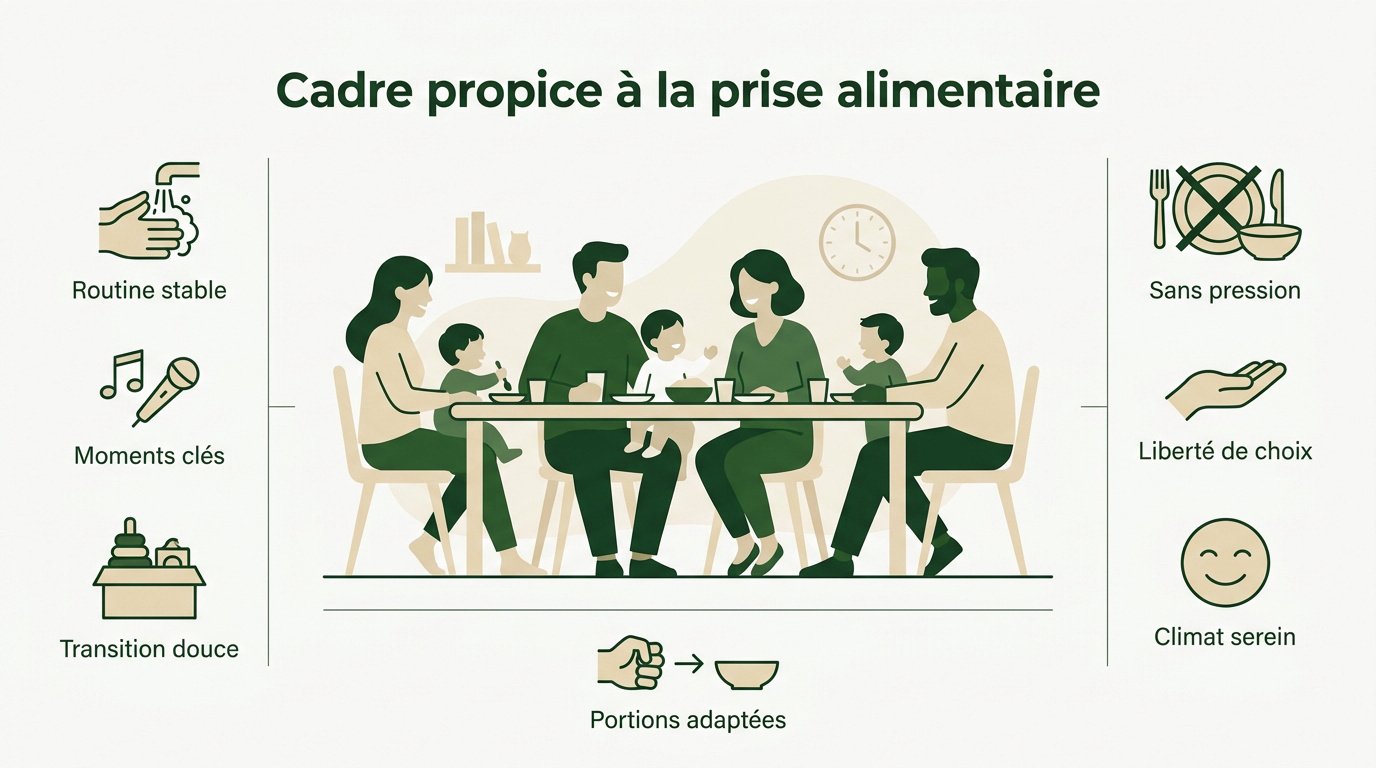 Bébé assis à table dans un cadre calme pour manger sereinement