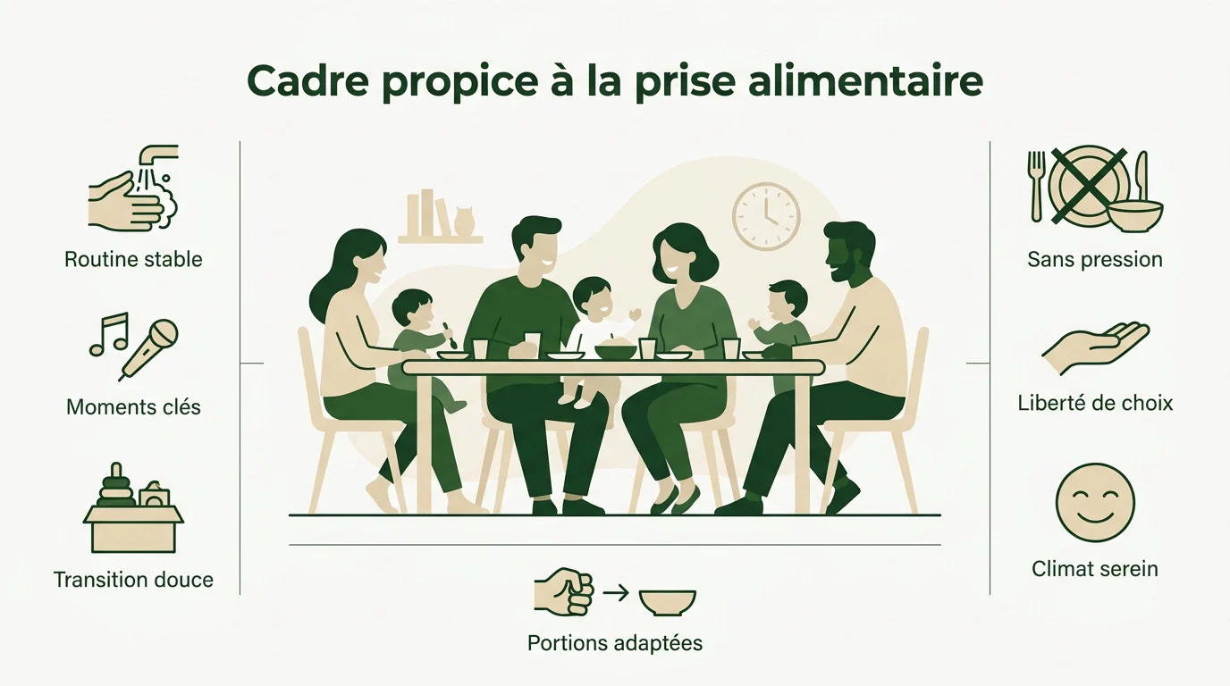 Bébé assis à table dans un cadre calme pour manger sereinement