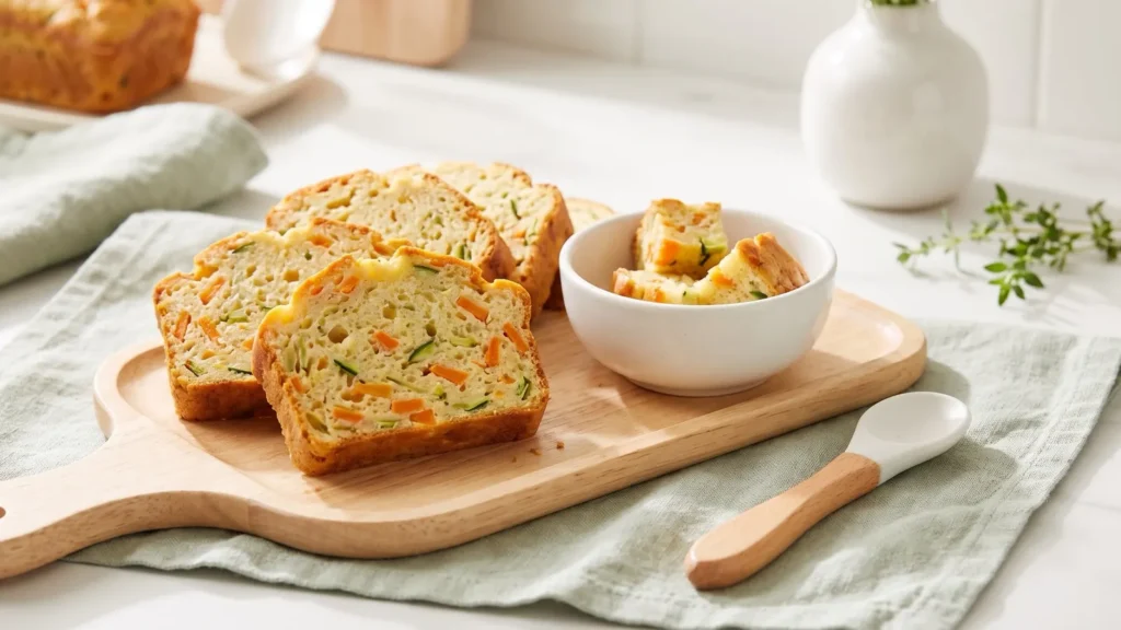 Tranches de cake salé moelleux aux légumes sur une planche