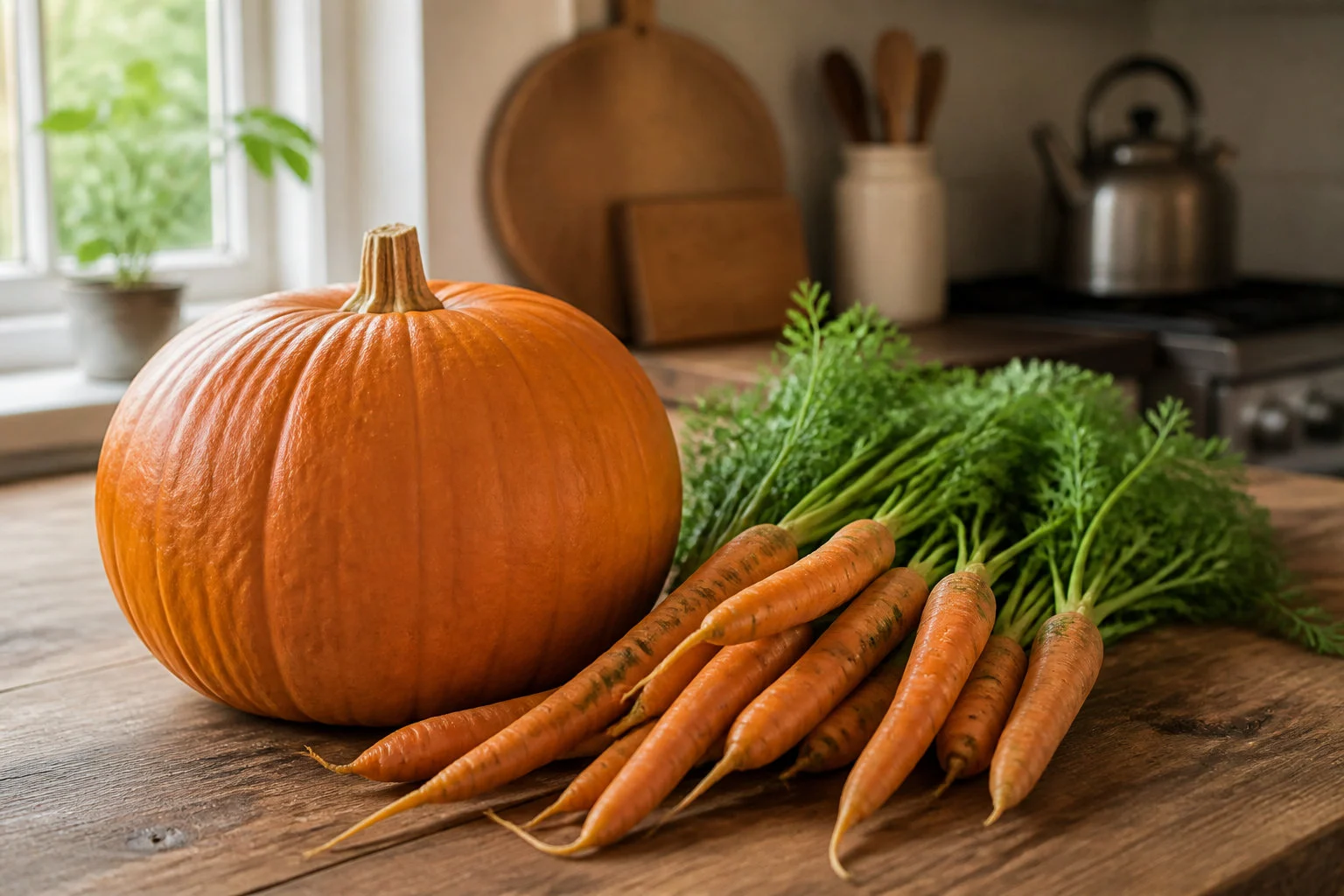 calabaza y zanahorias frescas en madera Sélection des ingrédients et ajout de matières grasses