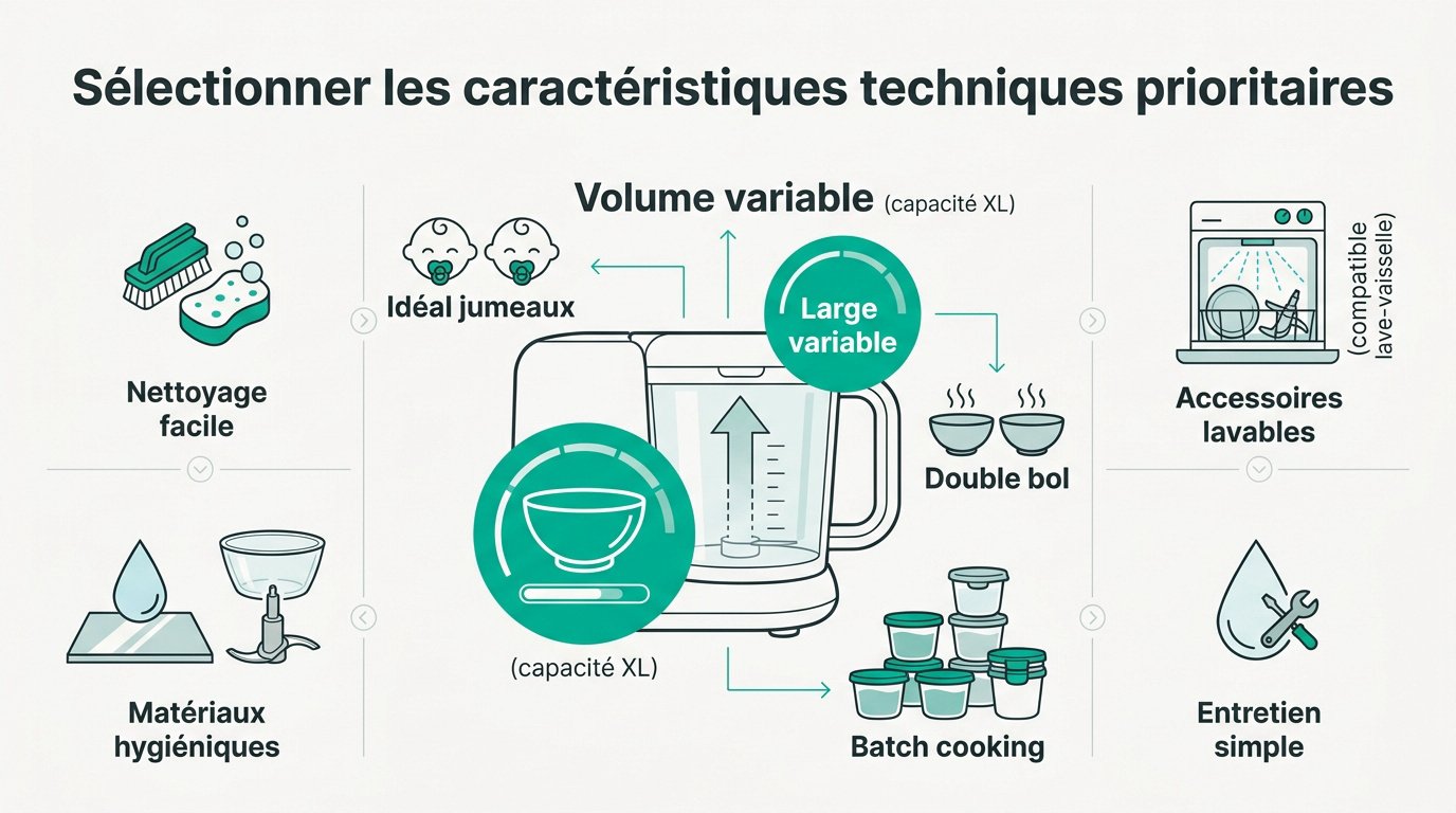 Caractéristiques techniques d'un robot cuiseur pour bébé incluant le bol et les lames