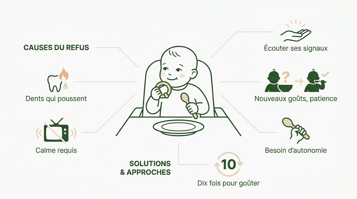 Bébé refusant une cuillère de purée lors du repas