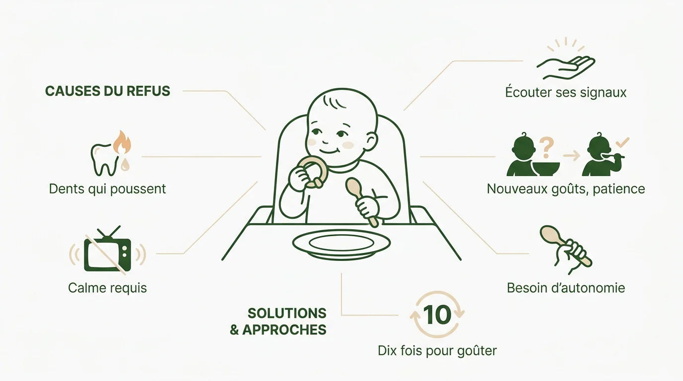 Bébé refusant une cuillère de purée lors du repas