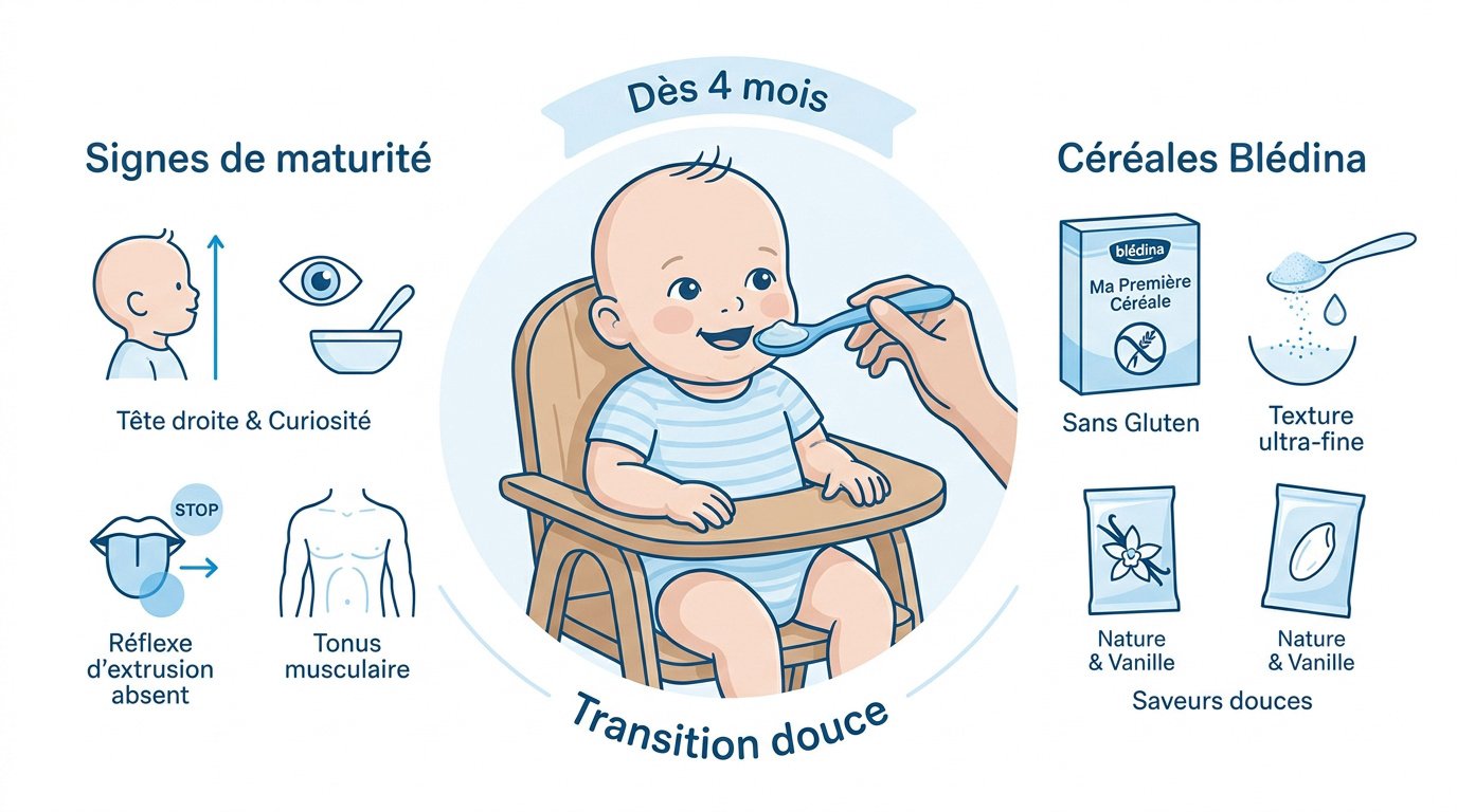 diversification alimentaire bledina des 4 mois Bébé découvrant les céréales Blédina lors de la diversification alimentaire à 4 mois