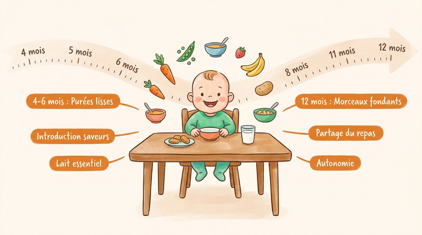 Schéma des étapes clés de la diversification alimentaire pour bébé de 4 à 12 mois