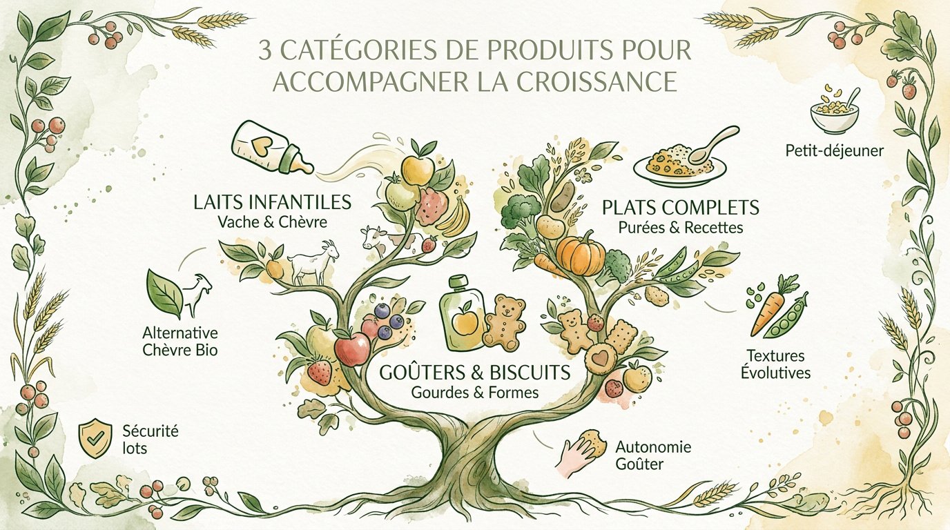Infographie présentant les catégories de laits, purées et snacks Babybio pour bébé