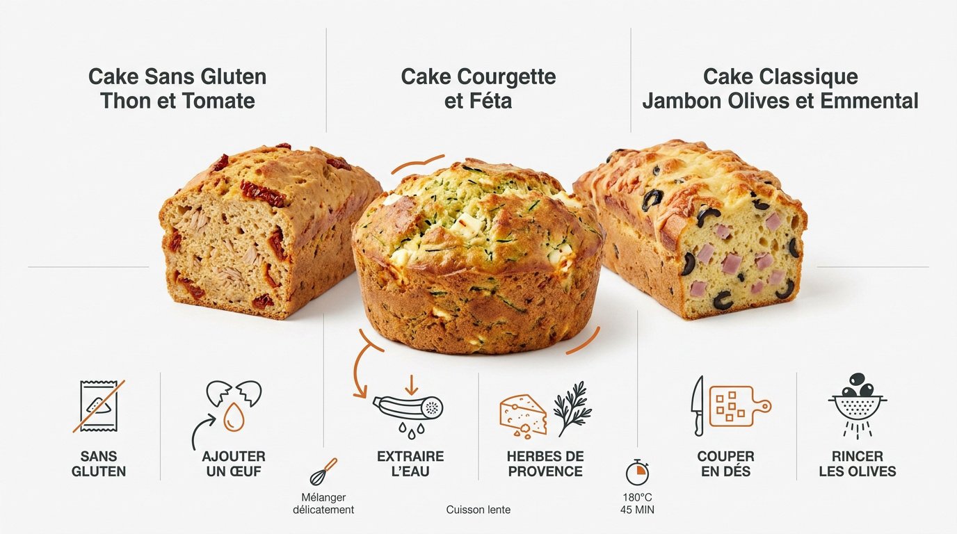 Infographie présentant trois recettes de cakes salés : courgette féta, thon tomate et jambon olives