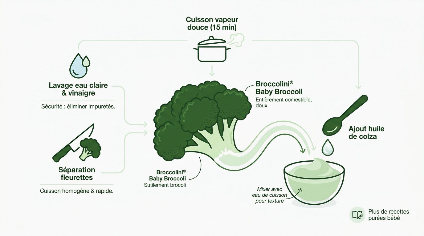 Infographie détaillant les étapes de préparation de la purée de brocoli pour bébé