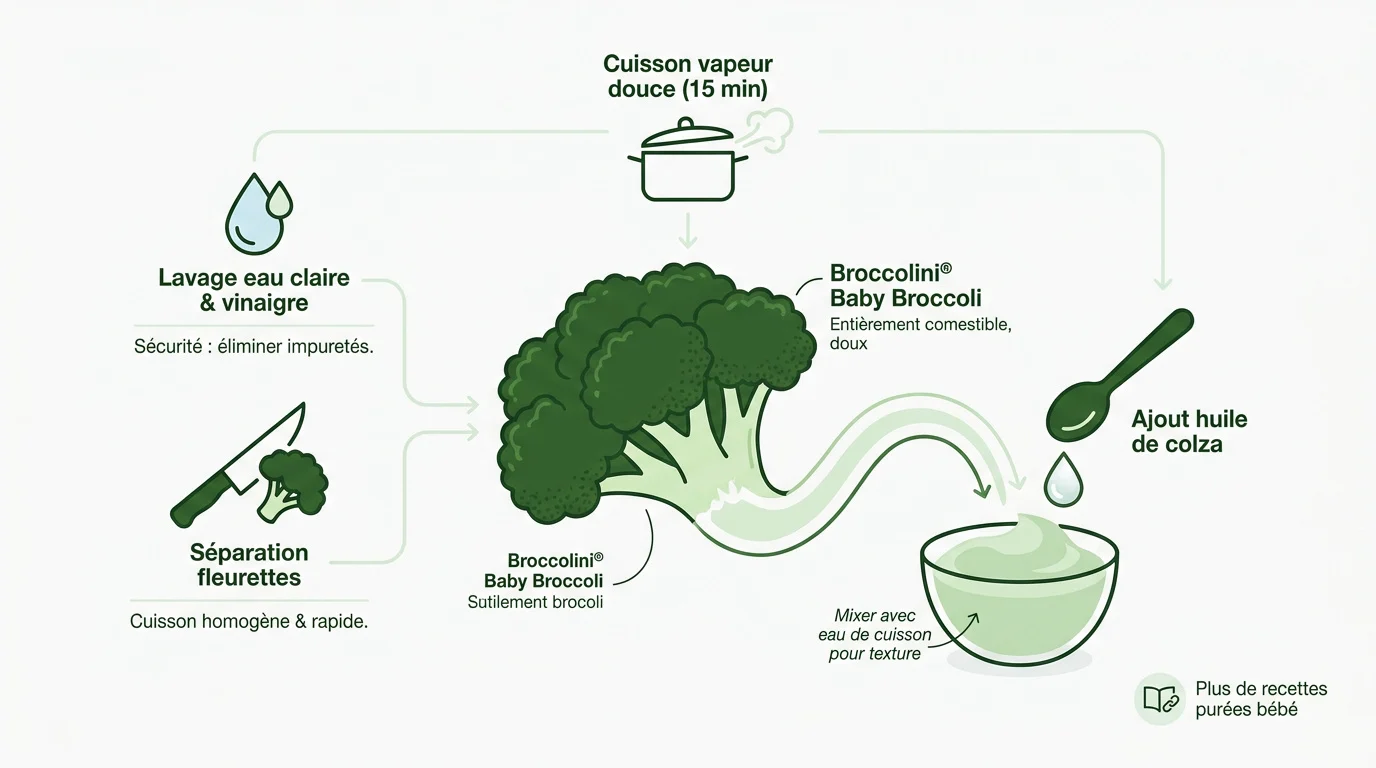 Infographie détaillant les étapes de préparation de la purée de brocoli pour bébé