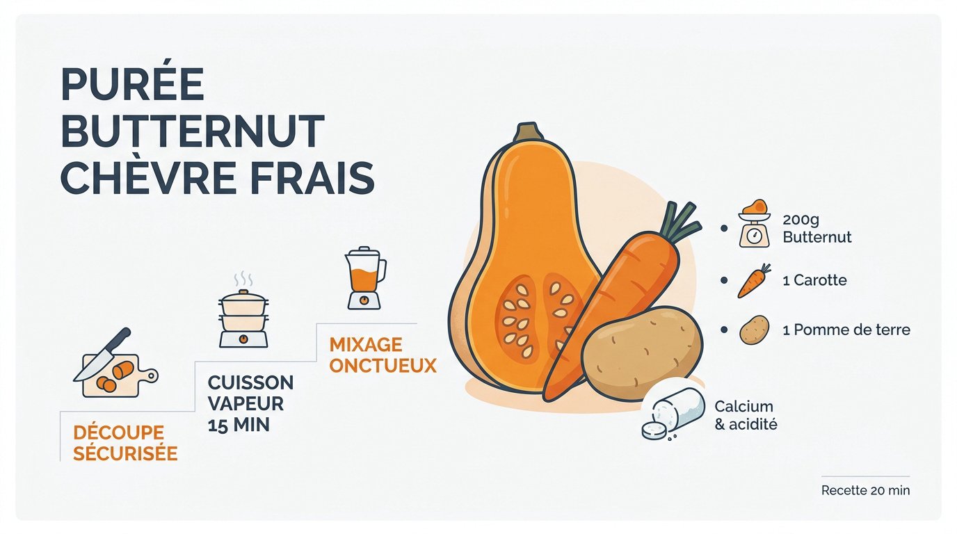 Infographie étapes préparation purée butternut et chèvre frais pour bébé