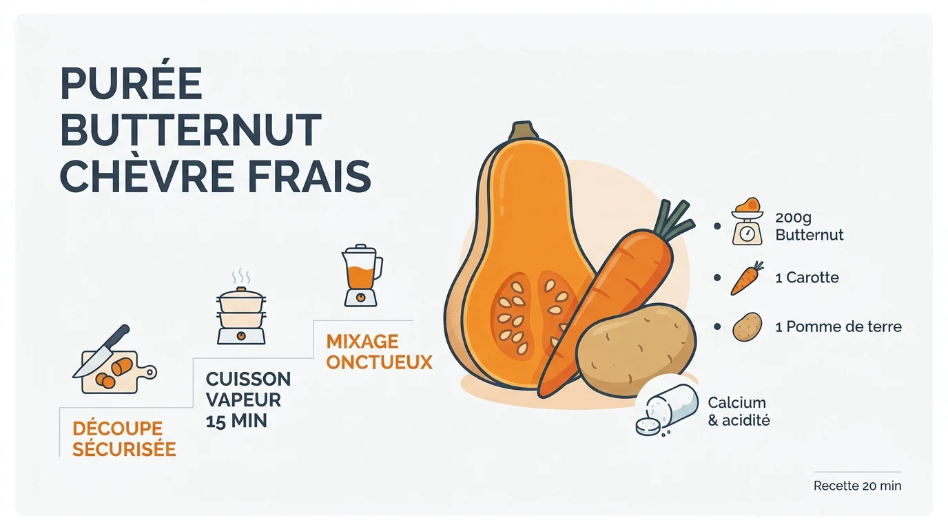 Infographie étapes préparation purée butternut et chèvre frais pour bébé