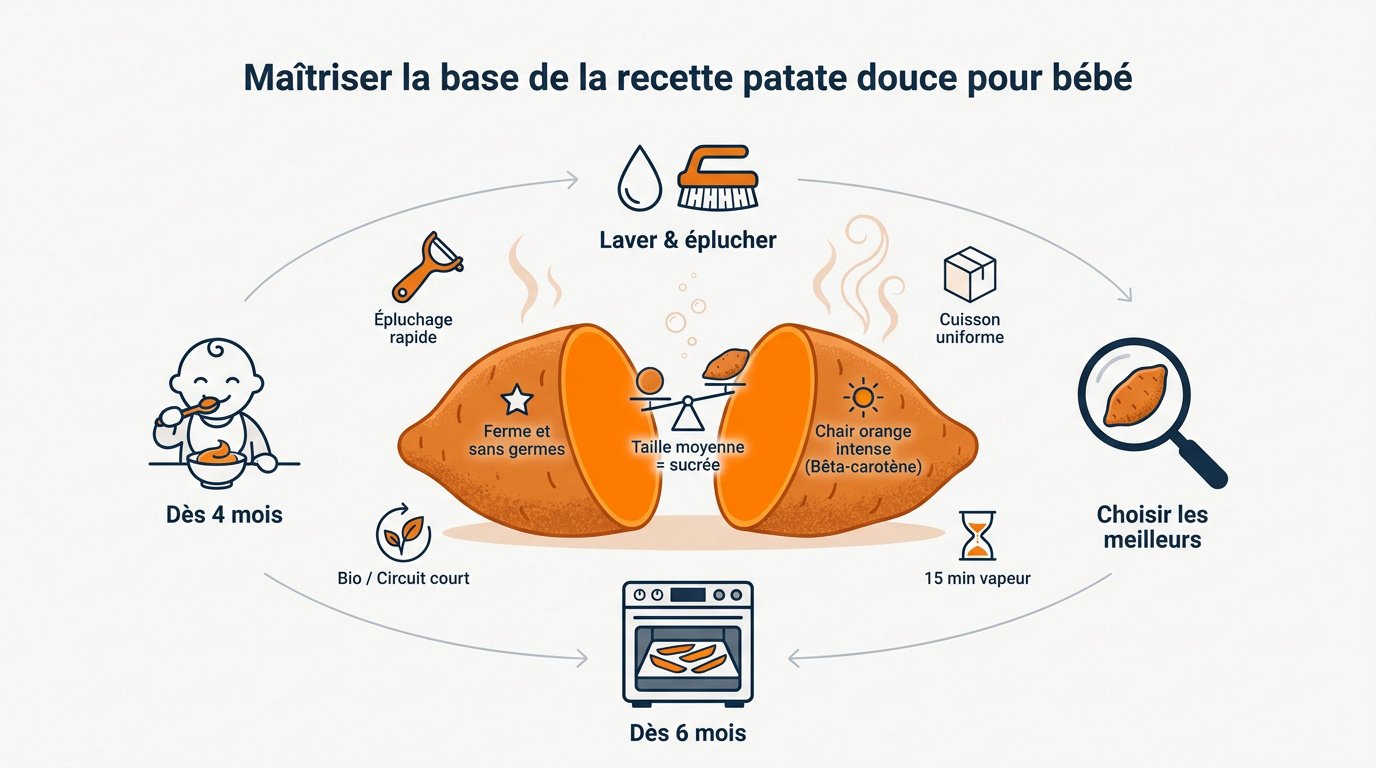 Infographie résumant les étapes de préparation de la patate douce pour bébé