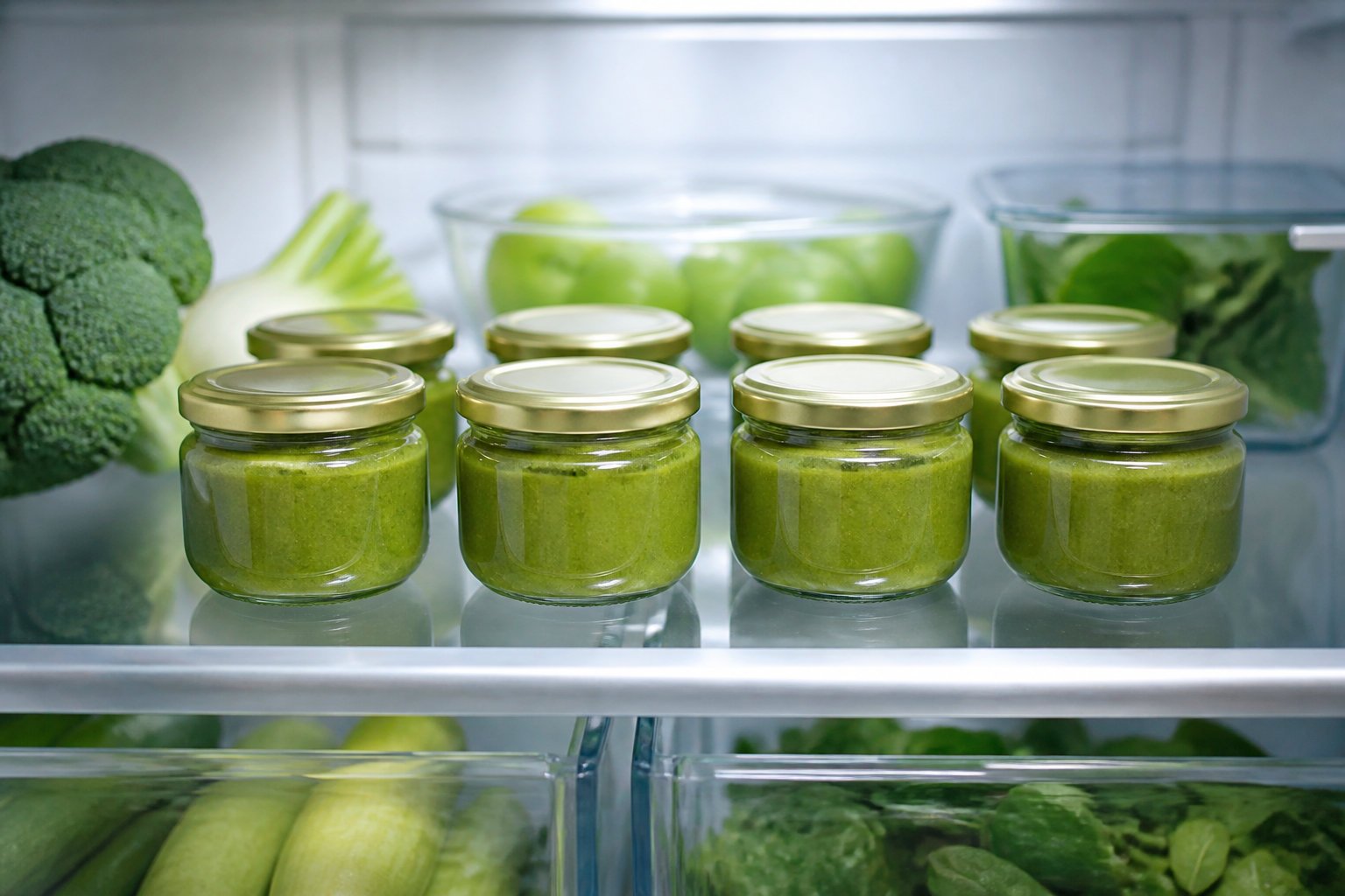 jars of green puree in refrigerator Conserver et varier les plaisirs avec des associations simples