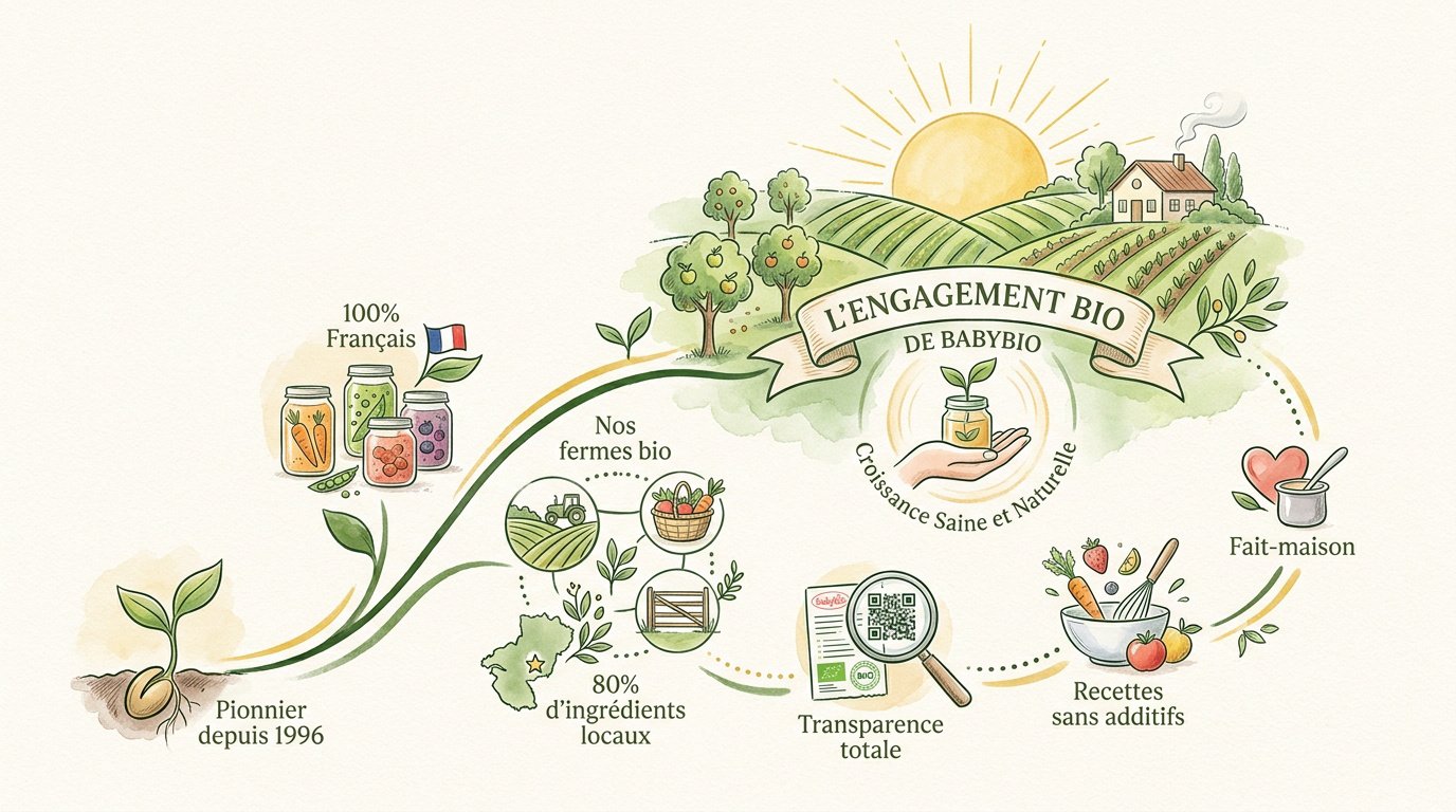 Infographie détaillant l'engagement agroécologique de Babybio et la provenance locale des ingrédients