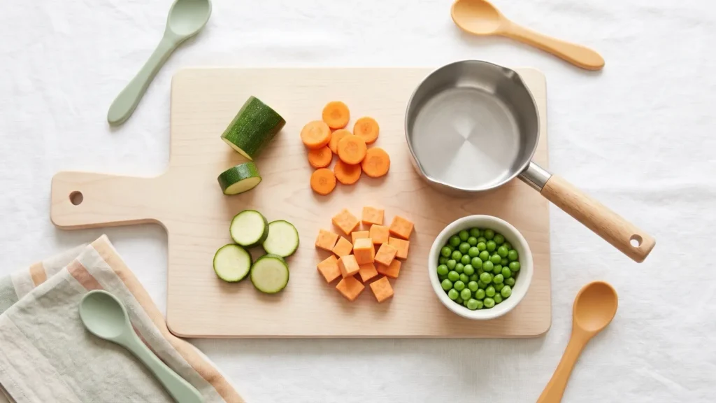 Courgette, carottes, patate douce et petits pois pour la popote maison de bébé