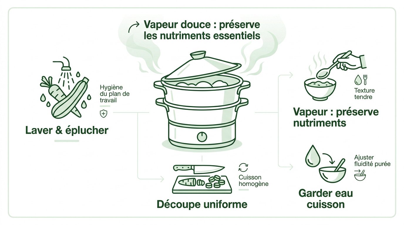 Préparation de légumes à la vapeur pour petits pots bébé maison