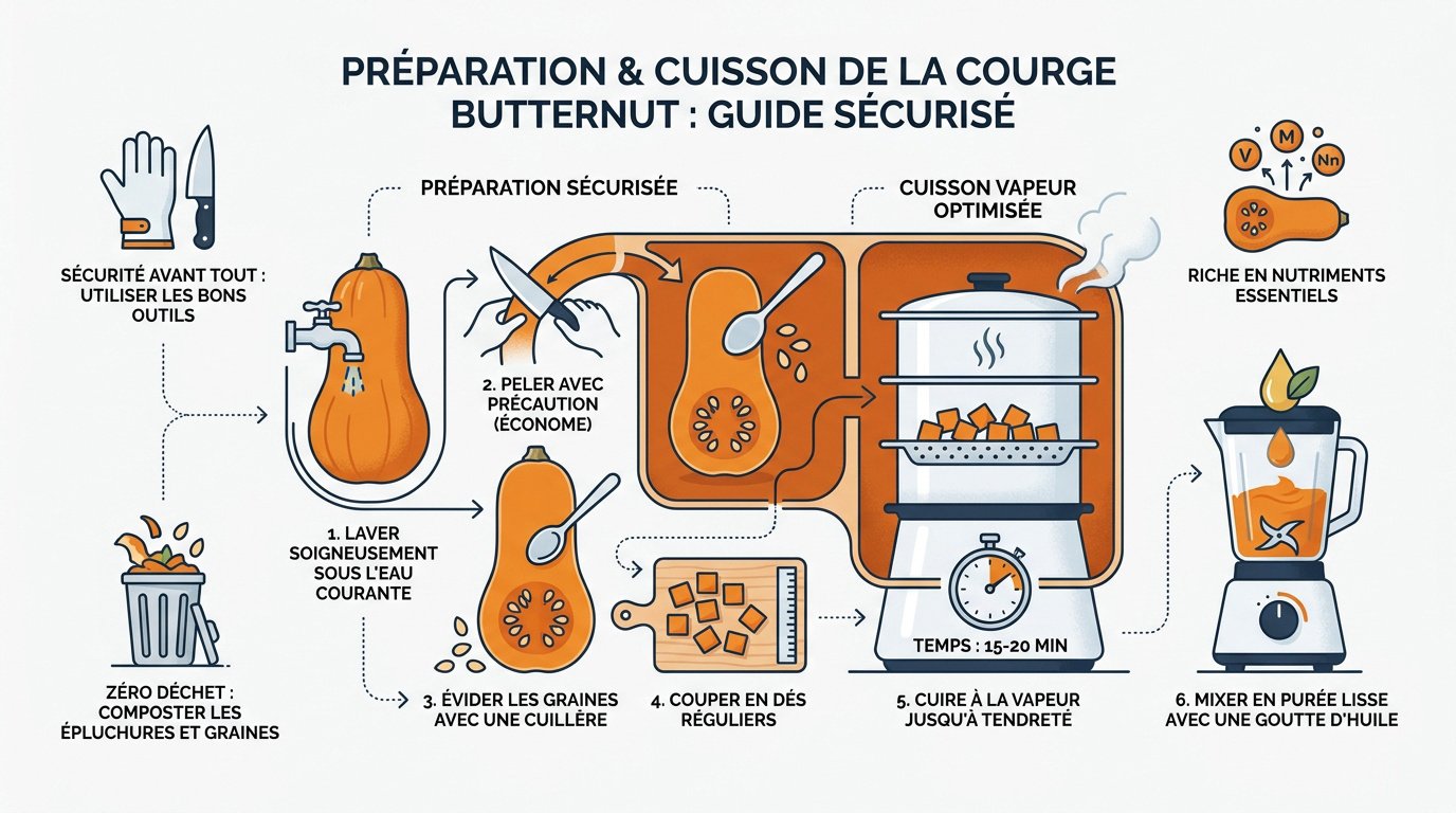 Préparation de cubes de butternut frais pour la diversification alimentaire de bébé