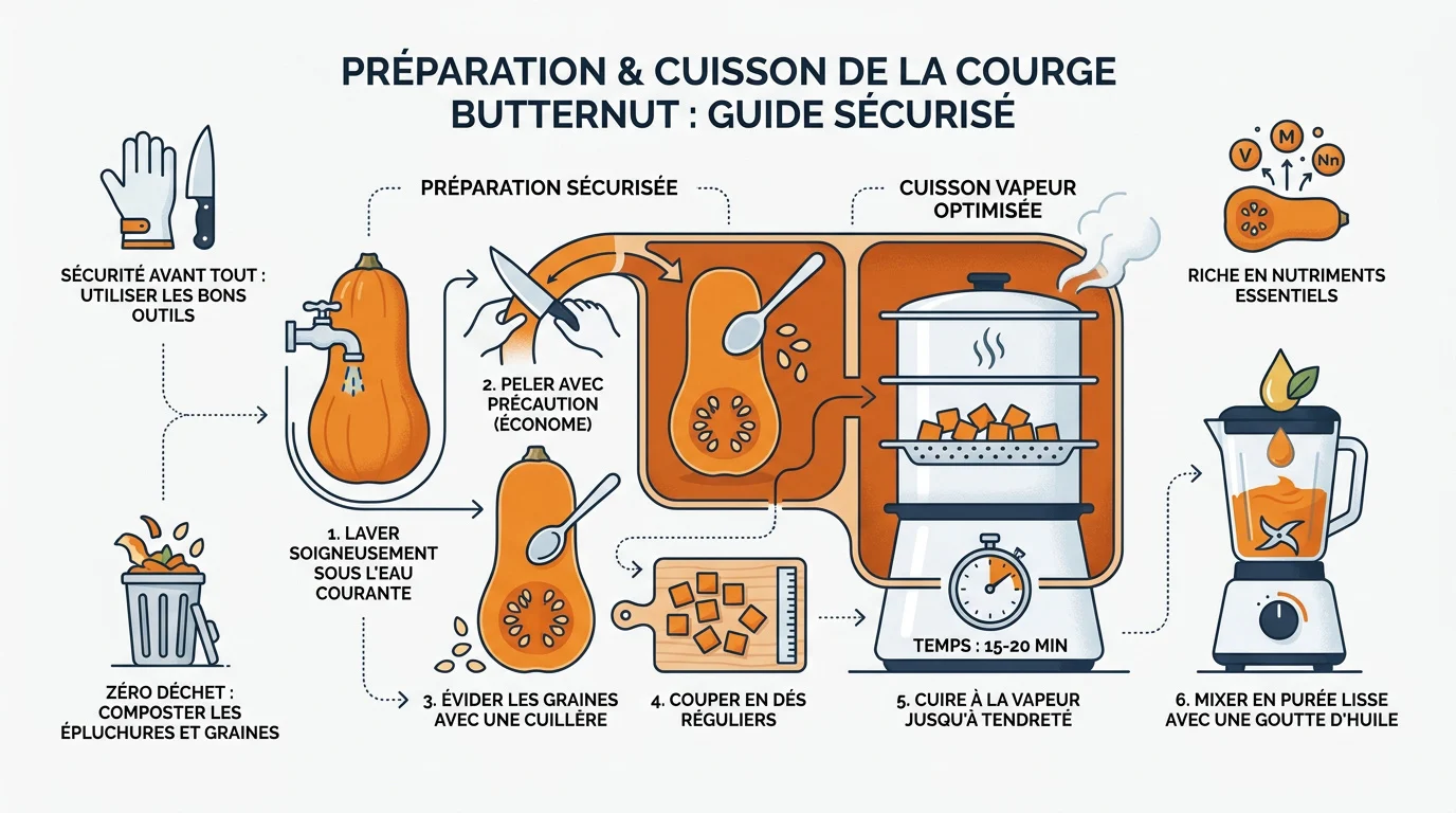 Préparation de cubes de butternut frais pour la diversification alimentaire de bébé