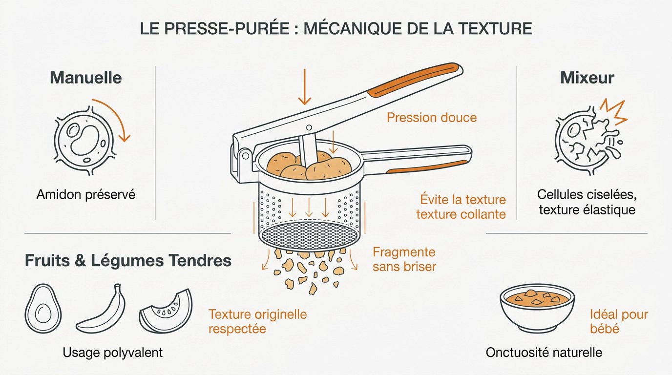 Action mécanique du presse-purée manuel sur la texture des légumes