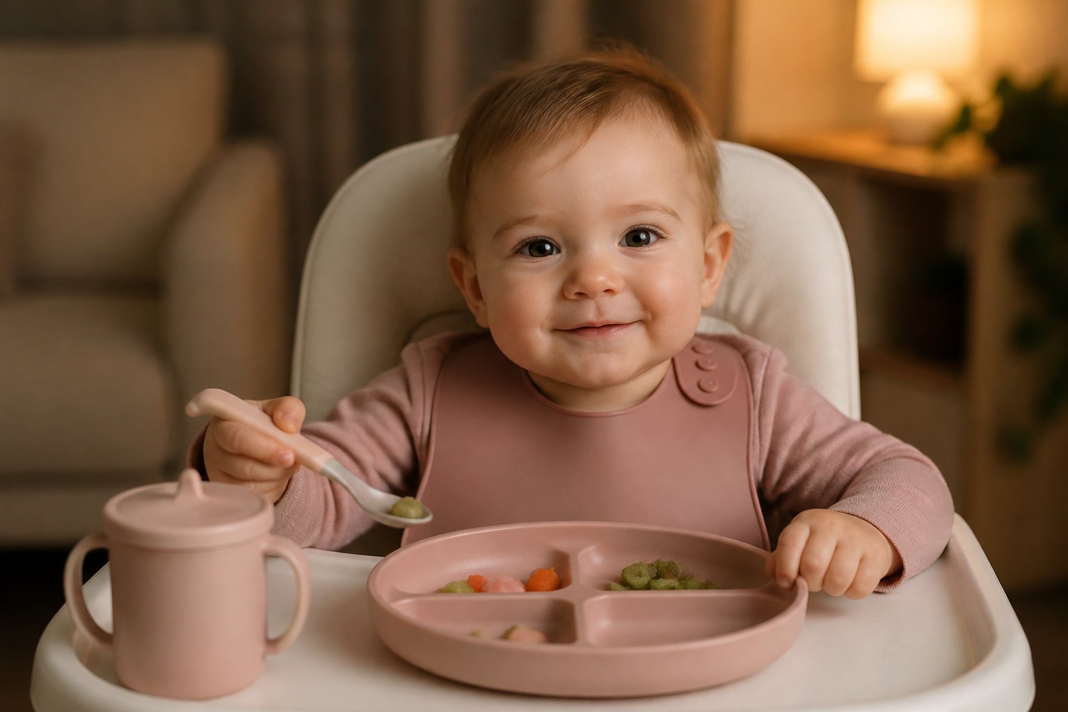 smiling baby at dinner in high chair Comment instaurer une routine sans stresser le nourrisson ?